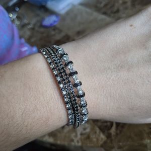 Adjustable Black & White Diamond Bangle Bundle; 4 Tennis Bracelets; Rhinestone